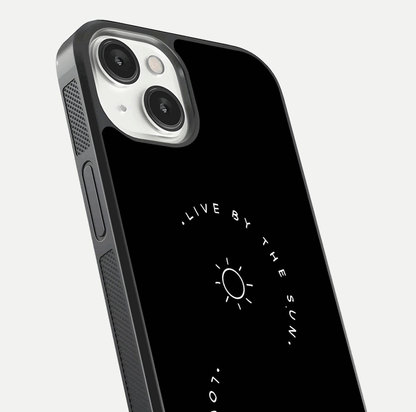 Sun Moon Balance Glass Case for iPhone 13 close-up angled shot highlighting cosmic art and HD reflection