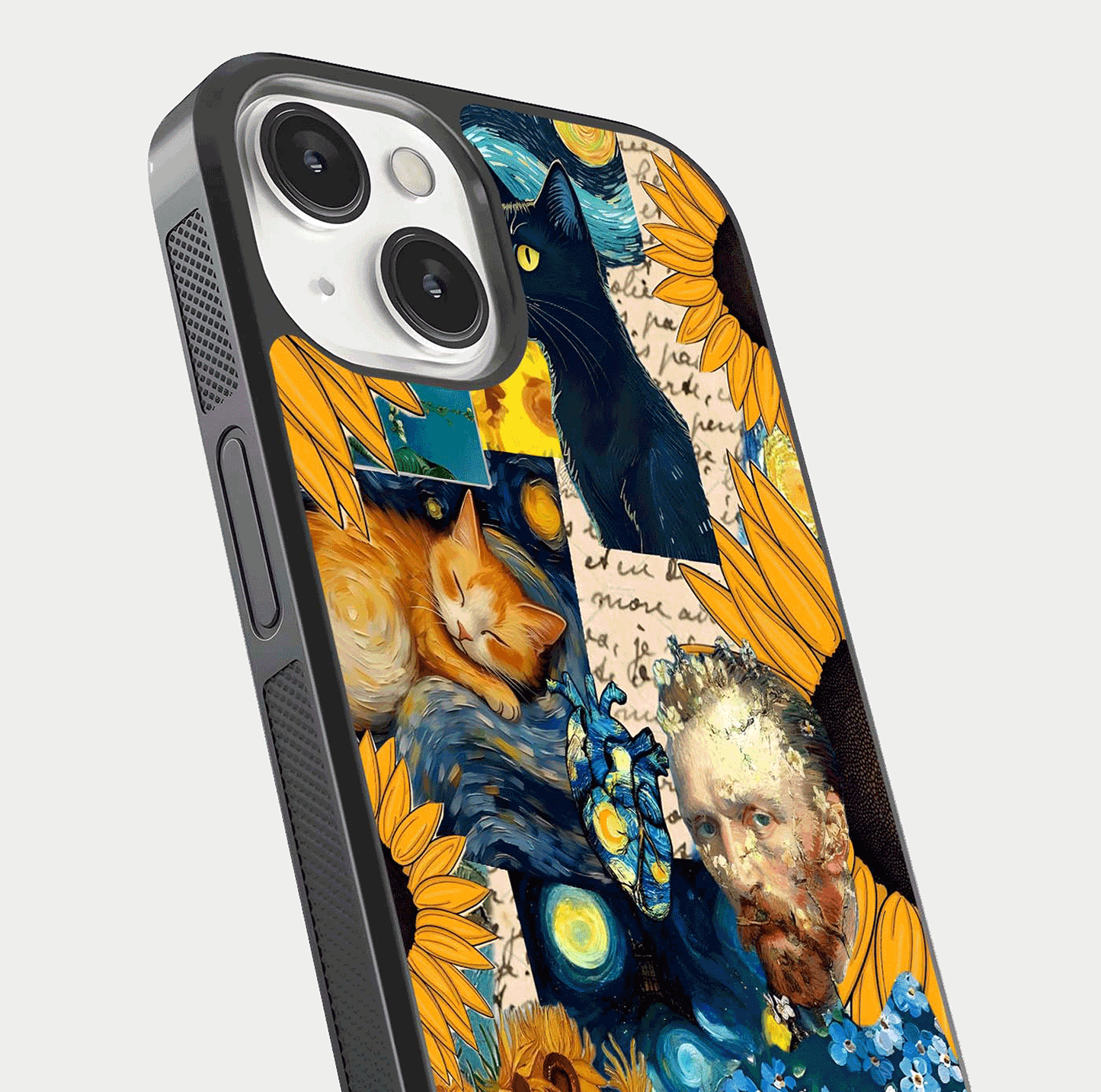 Sunflower Cat Art Glass Case for iPhone 13 close-up angled shot highlighting yellow tones and art reflection