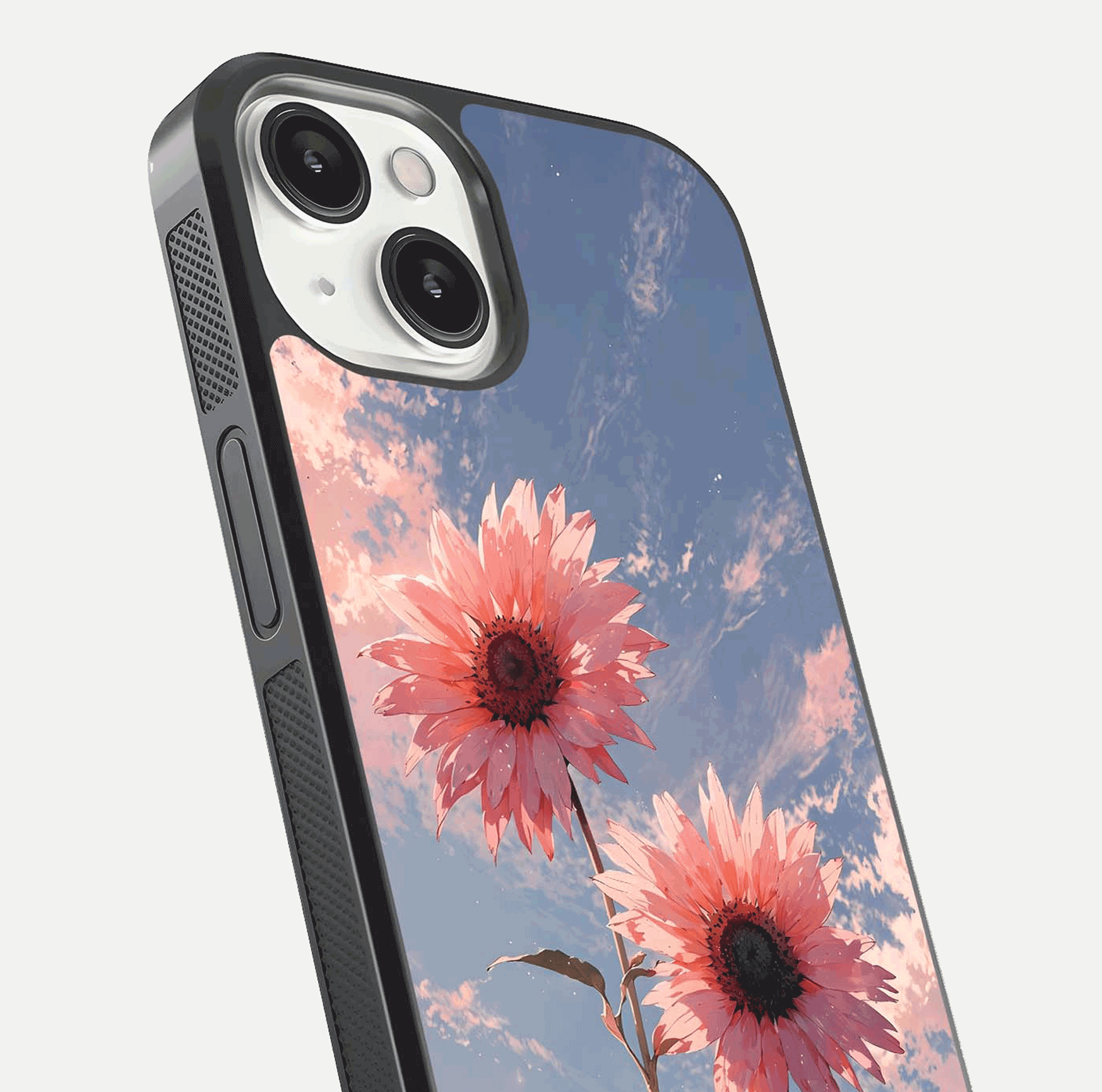 Sunlit Daisy Glow Glass Case for iPhone 13 close-up angled shot highlighting petal texture and reflection