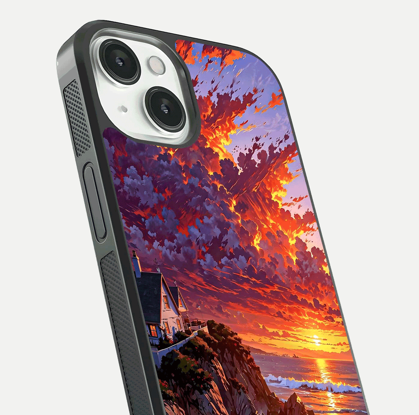 Sunset House by Sea Glass Case for iPhone 13 close-up angled shot highlighting sunset tones and water glow