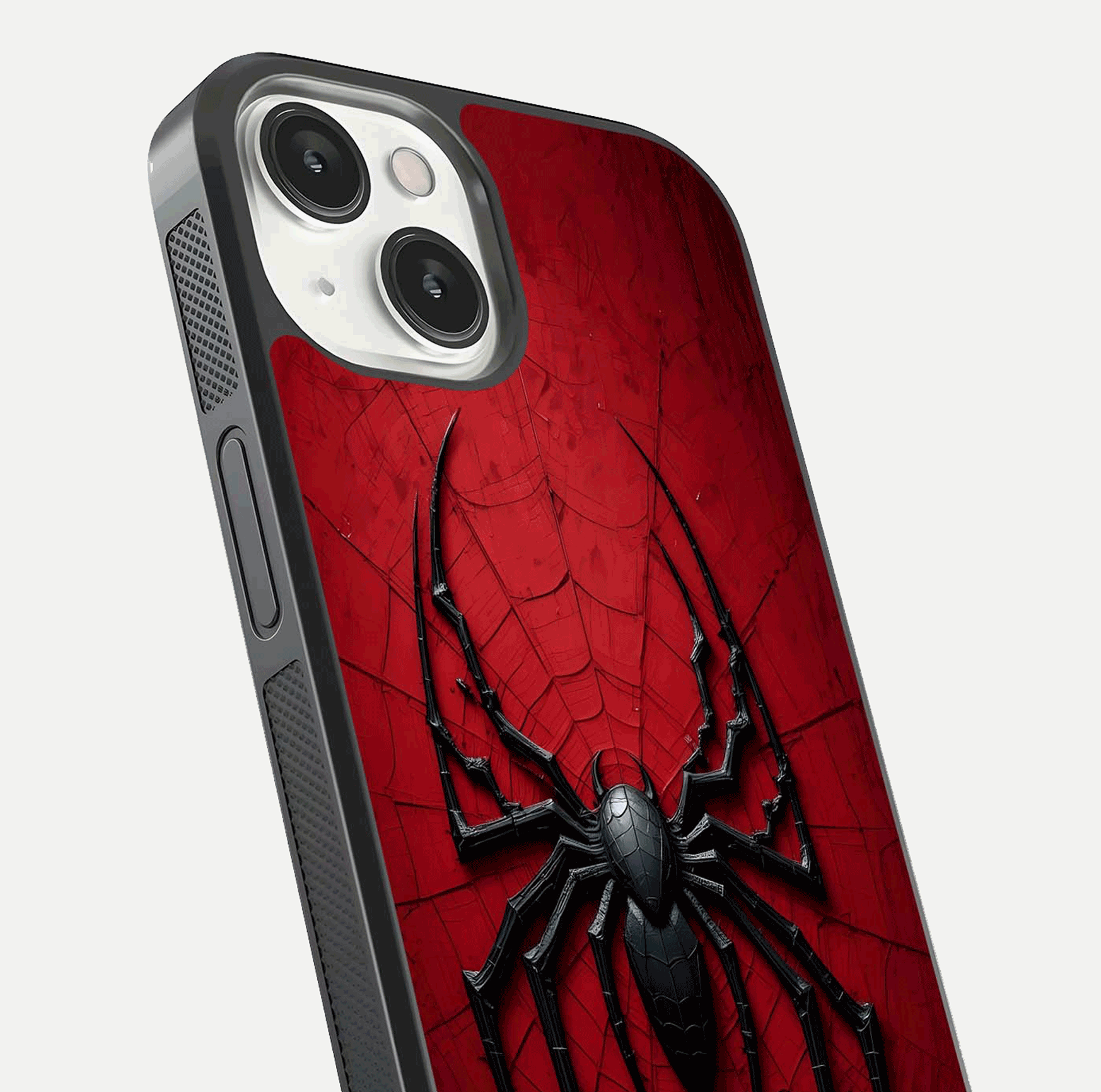 Venom Web Emblem Glass Case for iPhone 13 close-up angled shot highlighting sharp logo lines and reflection
