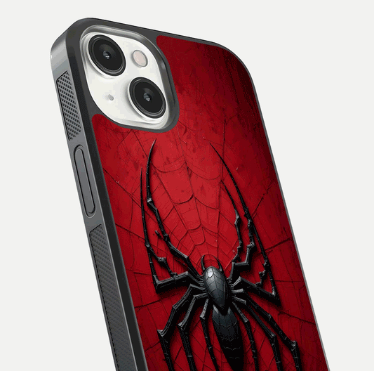 Venom Web Emblem Glass Case for iPhone 13 close-up angled shot highlighting sharp logo lines and reflection