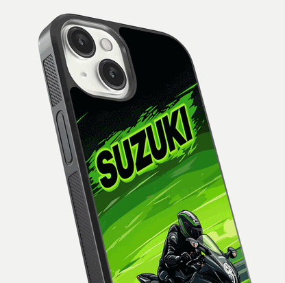 Suzuki Speed Beast Glass Case for iPhone 13 close-up angled shot highlighting bold tones and reflection