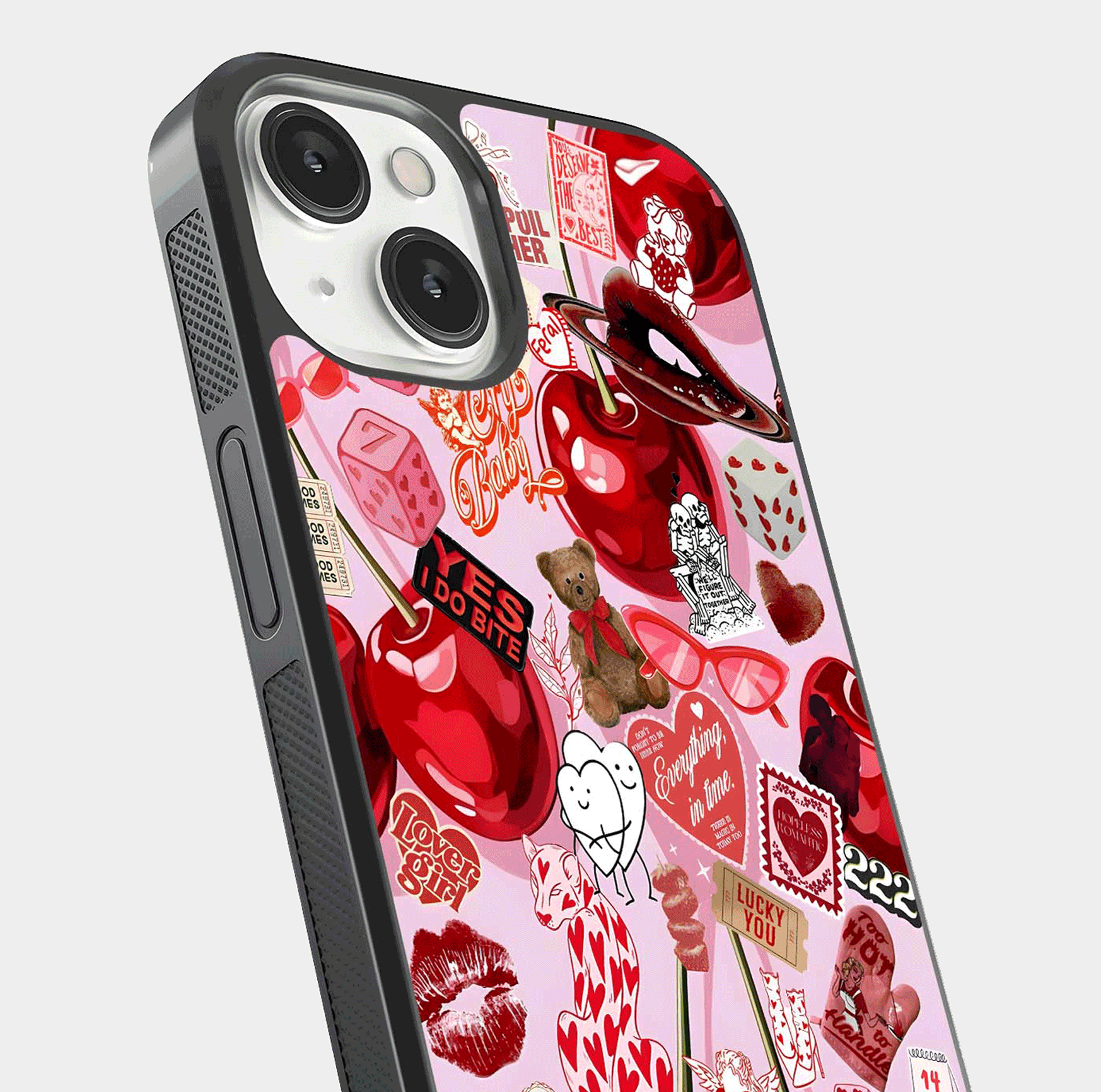 Sweet Cherry Chaos Glass Case for iPhone 13 close-up angled shot highlighting red tone contrast and reflection