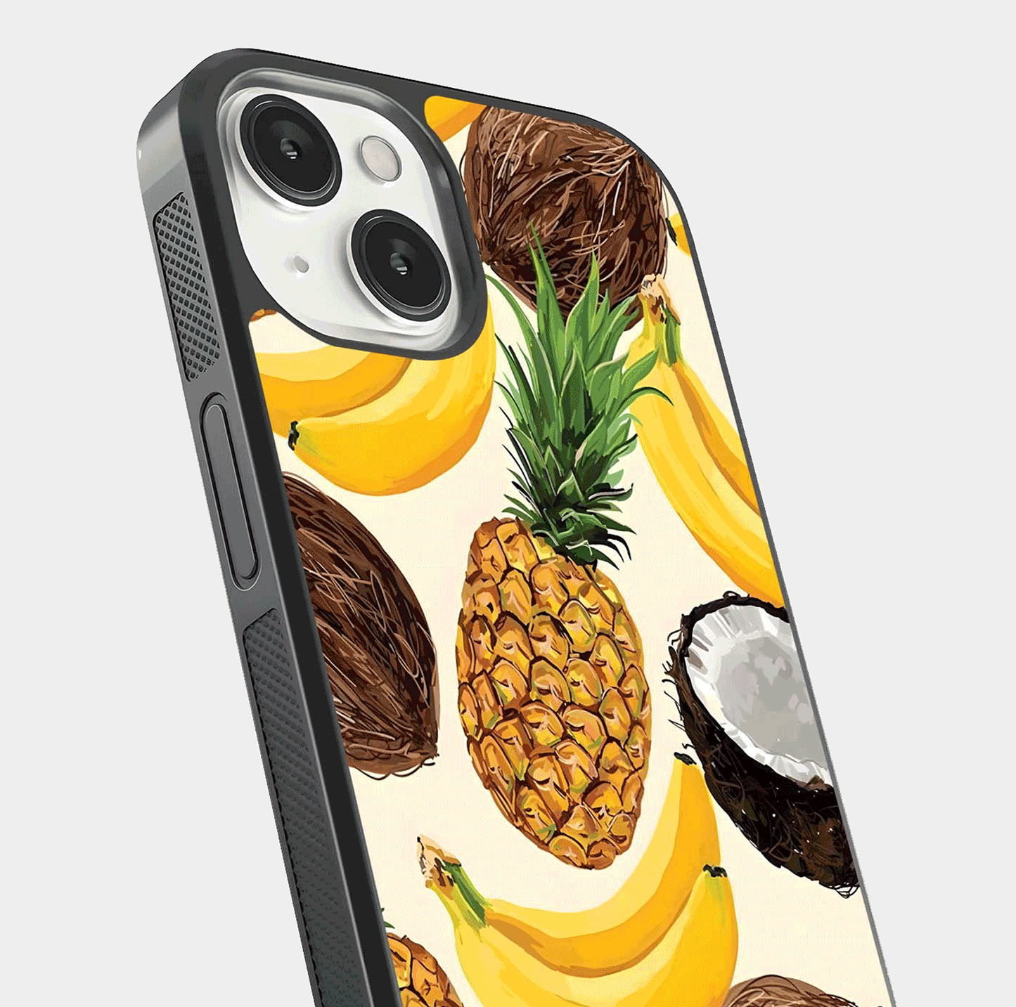 Tropical Fruit Mood Glass Case for iPhone 13 close-up angled shot highlighting fruit texture and reflection