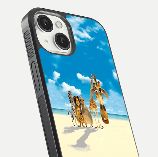 Tropical Fun Squad Glass Case for iPhone 13 close-up angled shot highlighting vibrant tones and texture