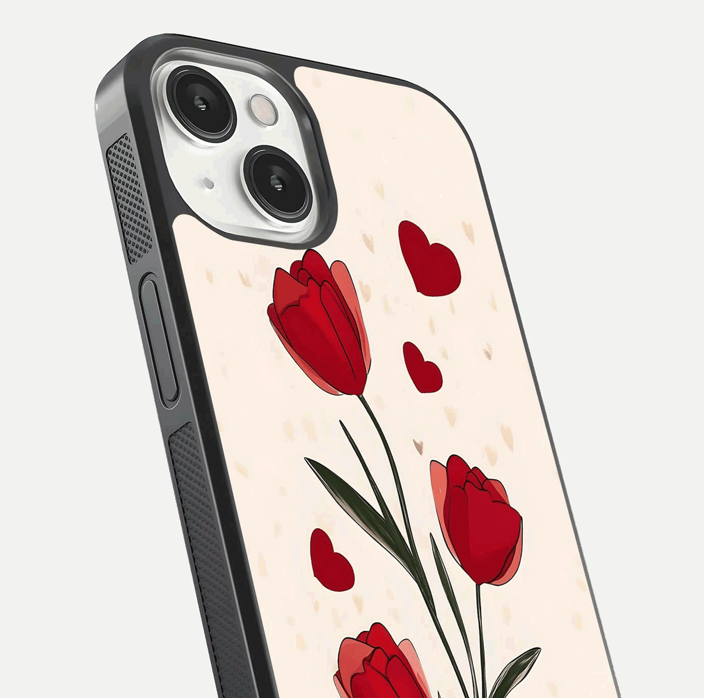 Tulip With Heart Glass Case for iPhone 13 close-up angled shot highlighting petal details and reflection