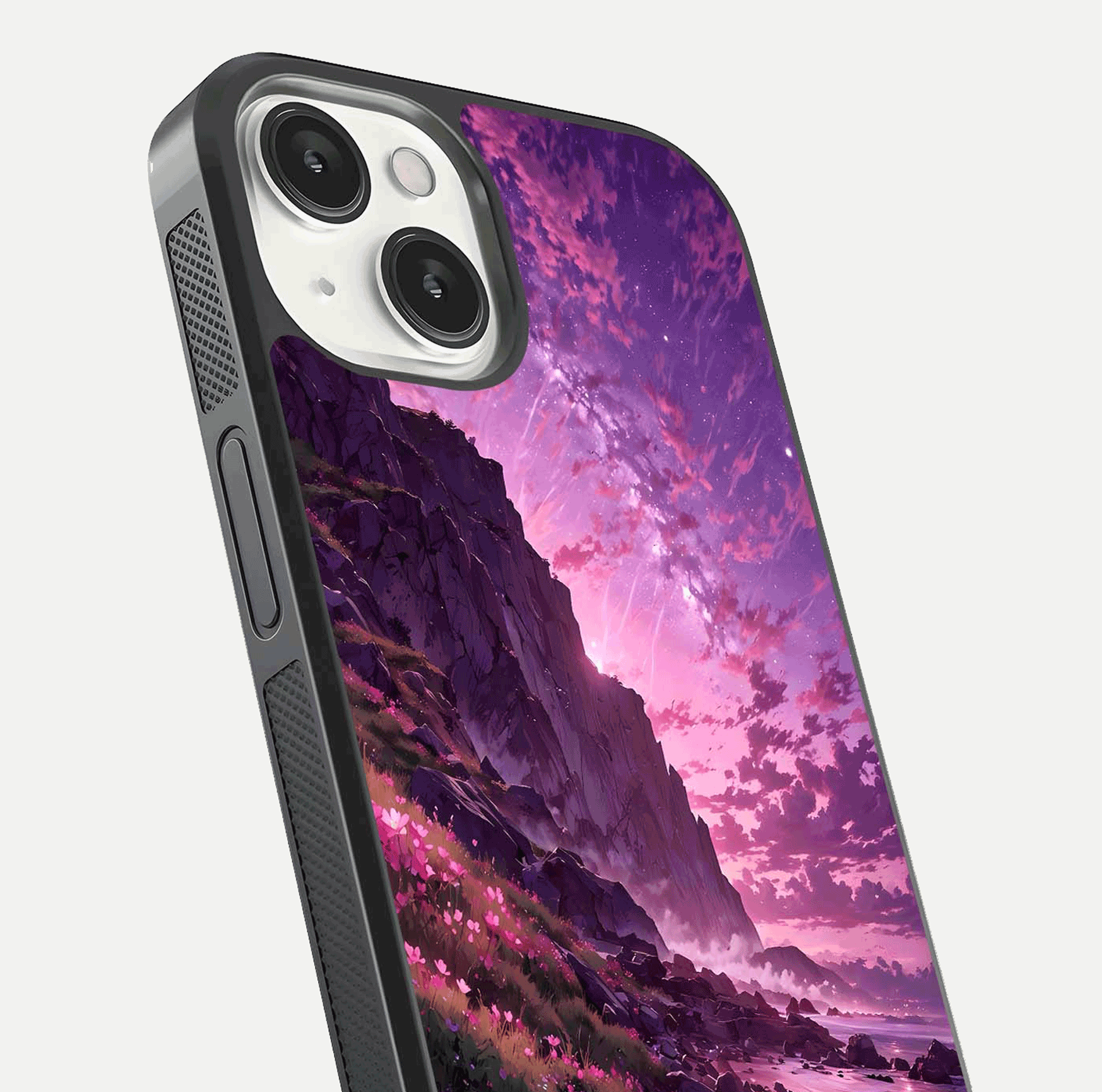 Twilight Blossom Coast Glass Case for iPhone 13 close-up angled shot highlighting gradient sky and reflection