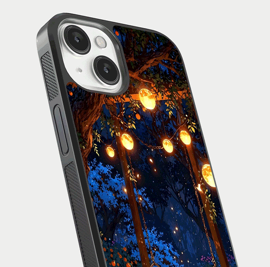Twilight Garden Swing Glass Case for iPhone 13 close-up angled shot highlighting floral tones and reflection