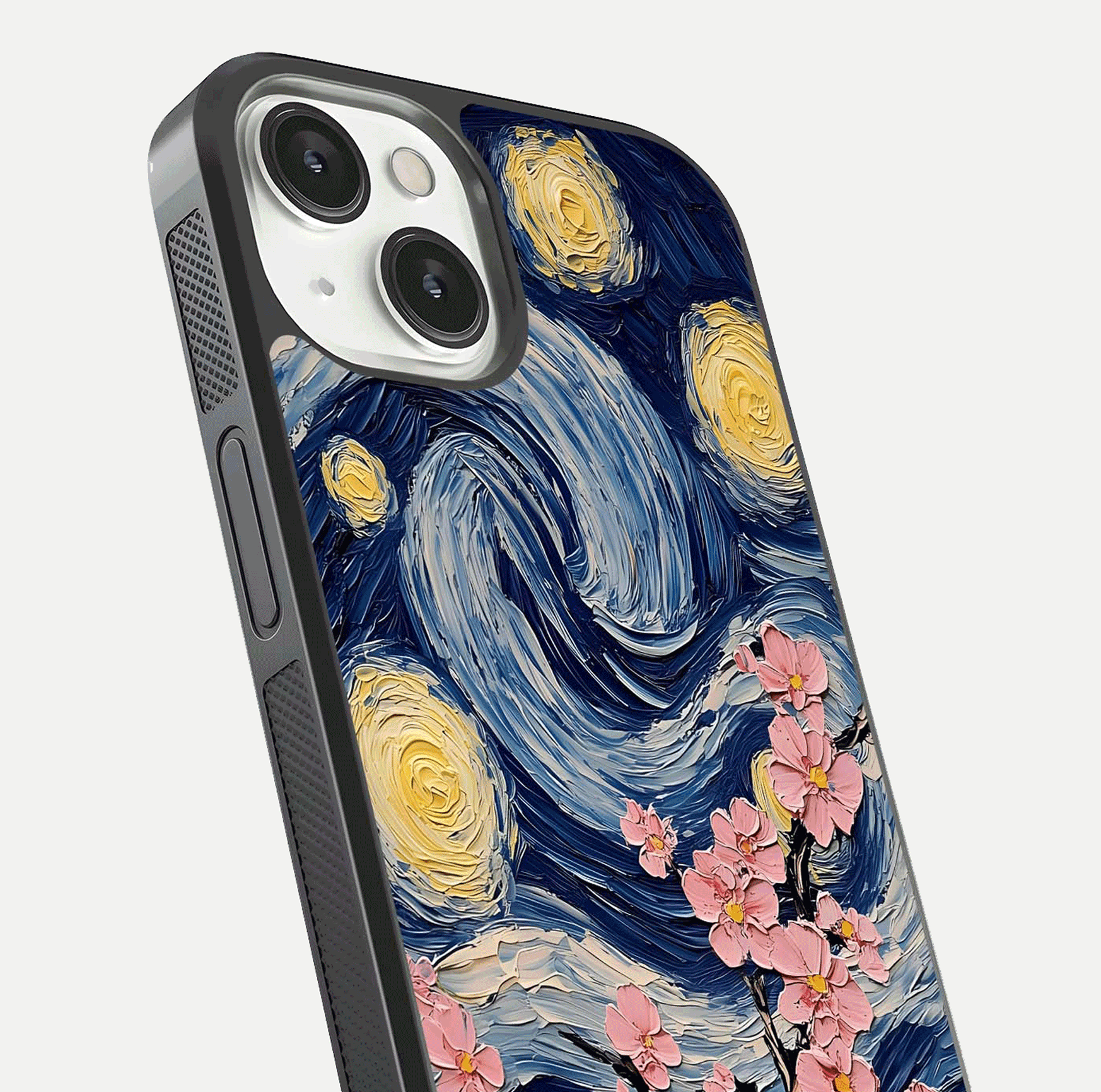 Van Gogh Scenery Glass Case for iPhone 13 close-up angled shot highlighting brushwork texture and color depth