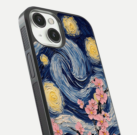Van Gogh Scenery Glass Case for iPhone 13 close-up angled shot highlighting brushwork texture and color depth