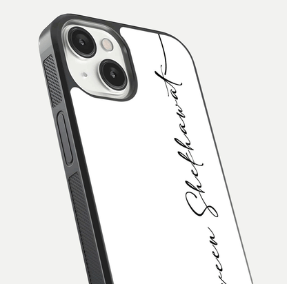 White Tune Custom Name Glass Case for iPhone 13 close-up angled shot highlighting gloss reflection and texture