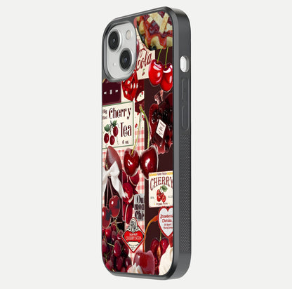 Aesthetic Cherry Tea Glass Case for iPhone 16 Pro side-angle image showing cherry collage print, camera module, and glossy finish reflection