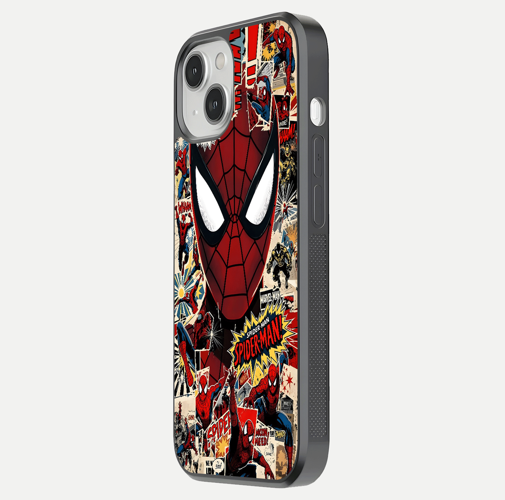 Aesthetic Wonder Spider Glass Case for iPhone 16 Pro side-angle shot showing red-blue tones and durable protective frame