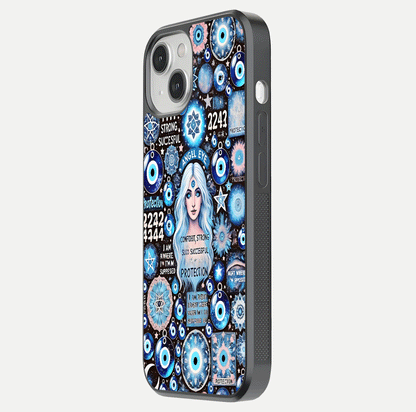 Angel Aura Shield Glass Case for iPhone 16 Pro side-angle photo showcasing aura details and glossy surface reflection