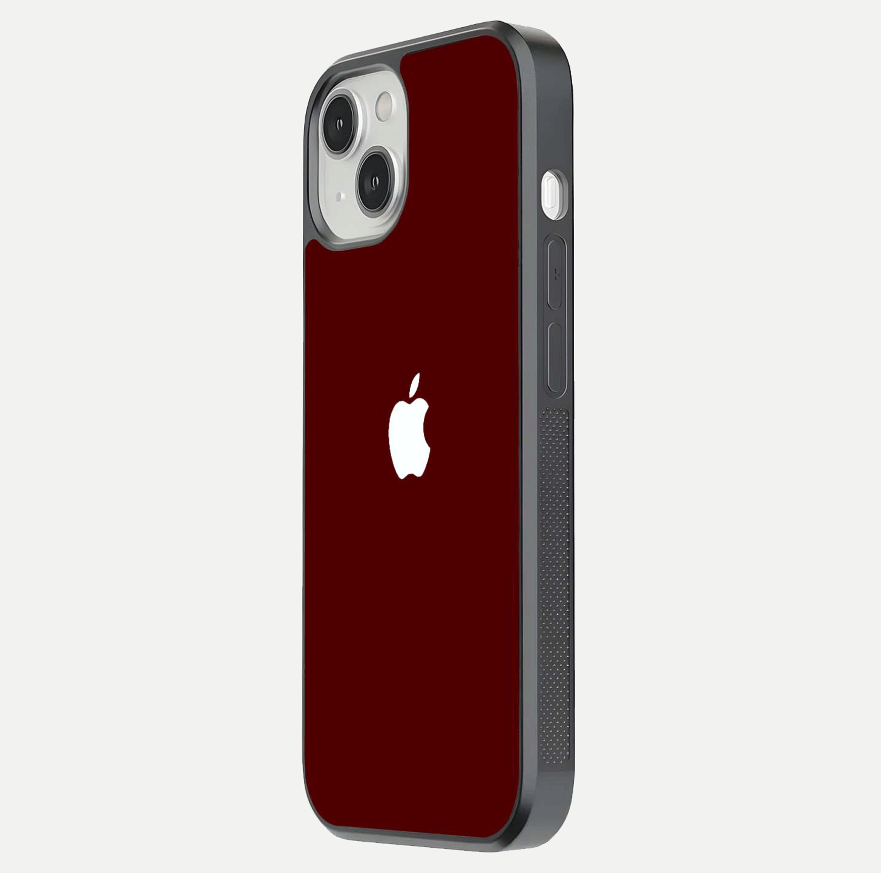 Apple Crimson Core Glass Case for iPhone 13 side-angle shot showing camera bump alignment and glossy shine