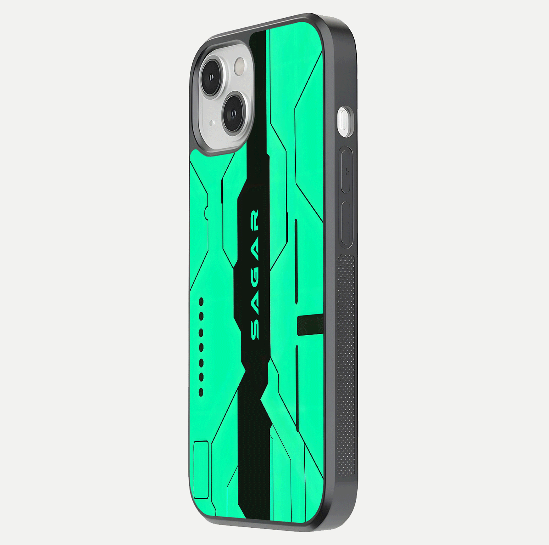 Aqua Tech CYBERPUNK Custom Name Glass Case for iPhone 13 side-angle image with glowing edges and glossy surface