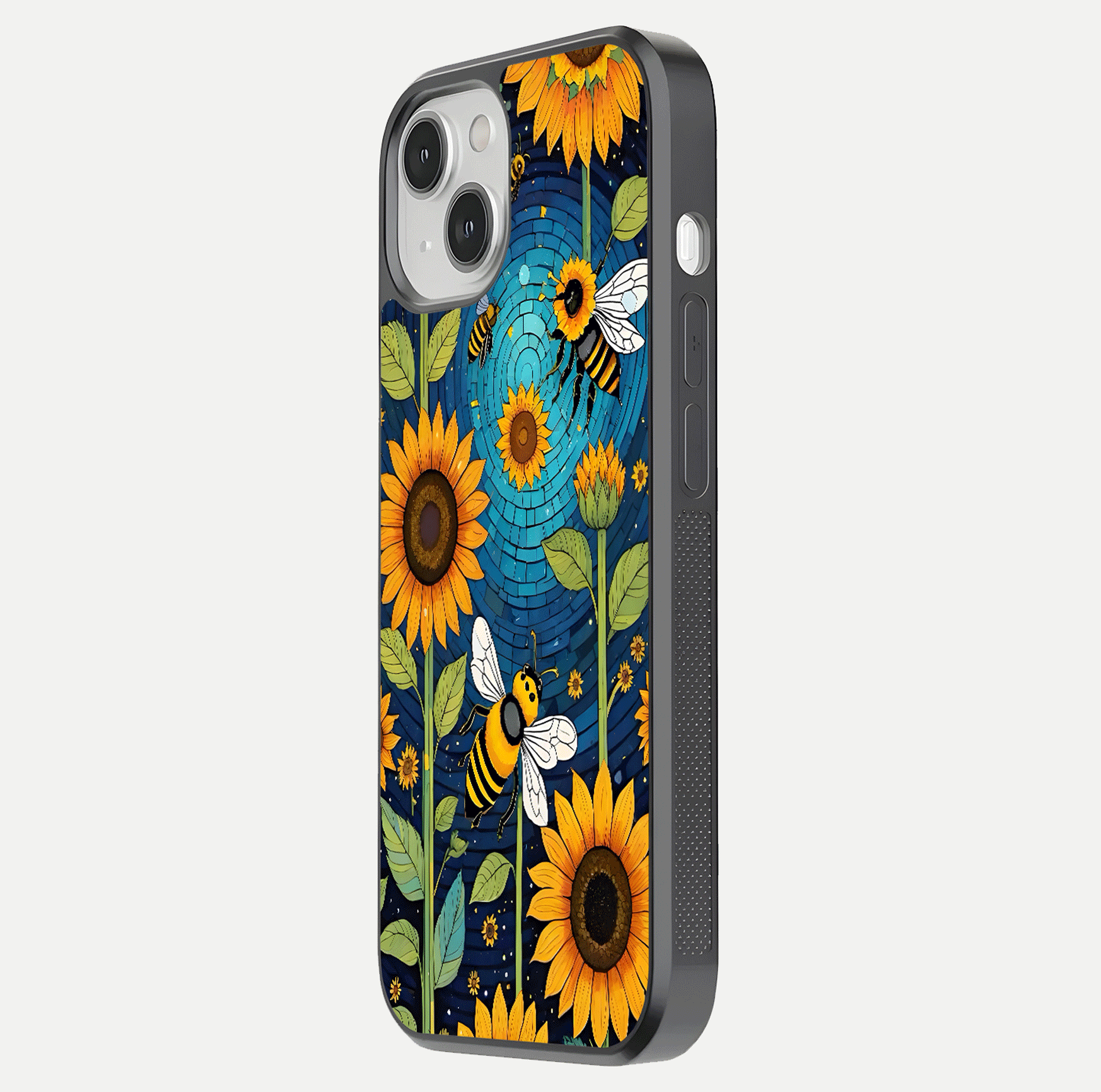 Bees & Sunflowers Glass Case for iPhone 16 Pro side-angle image showing bee pattern alignment and shiny protective surface