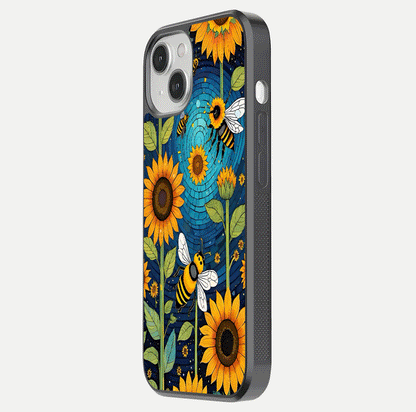 Bees & Sunflowers Glass Case for iPhone 16 Pro side-angle image showing bee pattern alignment and shiny protective surface