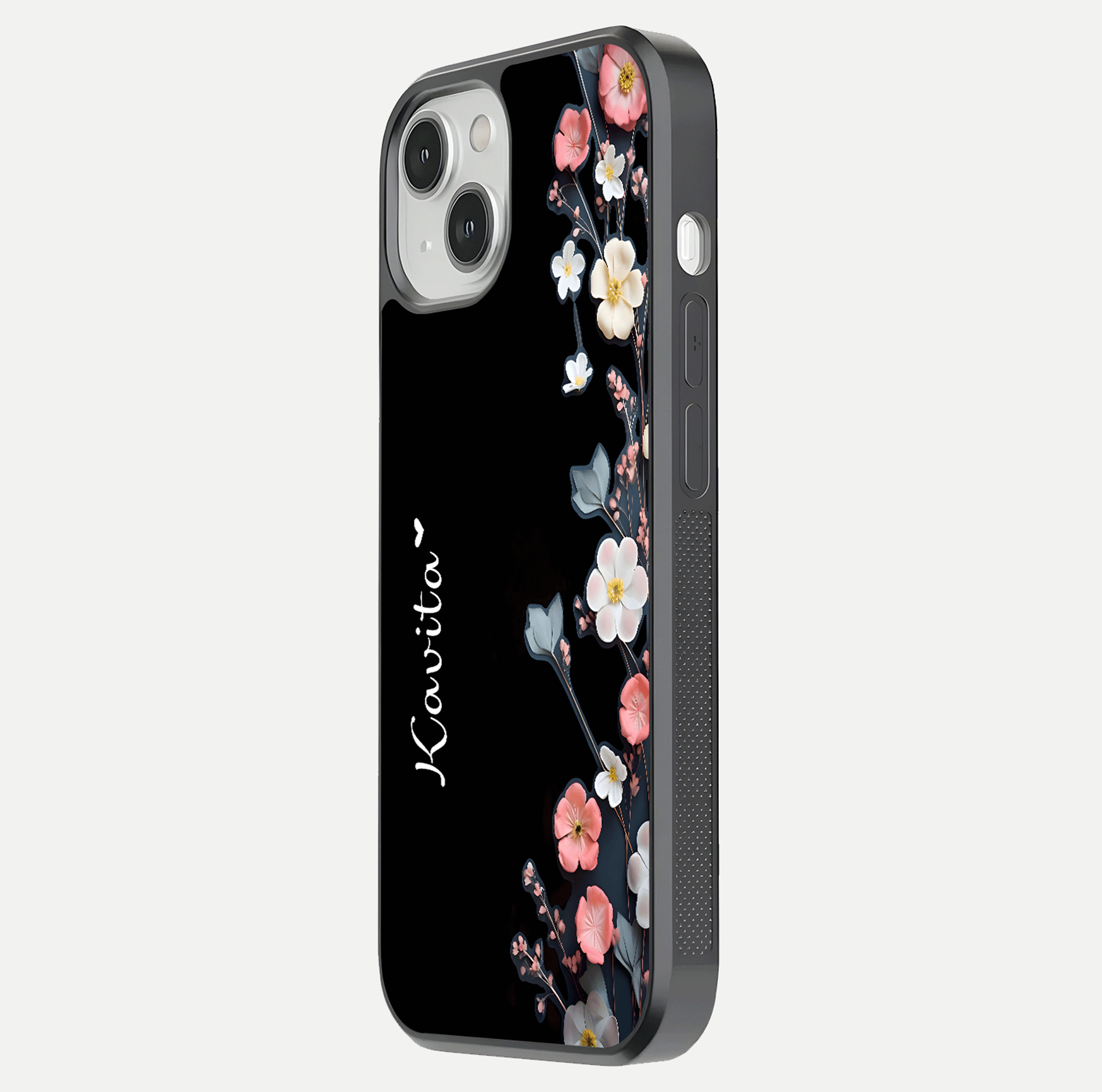 Black Elegance Floral Custom Name Glass Case for iPhone 13 side-angle showing black gloss depth and delicate print texture