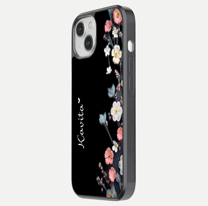 Black Elegance Floral Custom Name Glass Case for iPhone 13 side-angle showing black gloss depth and delicate print texture