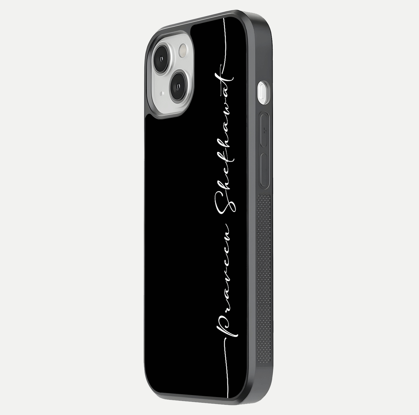 Black Tune Custom Name Glass Case for iPhone 13 side-angle photo showing mirror-like surface and slim profile