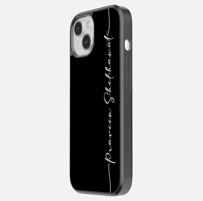 Black Tune Custom Name Glass Case for iPhone 13 side-angle photo showing mirror-like surface and slim profile