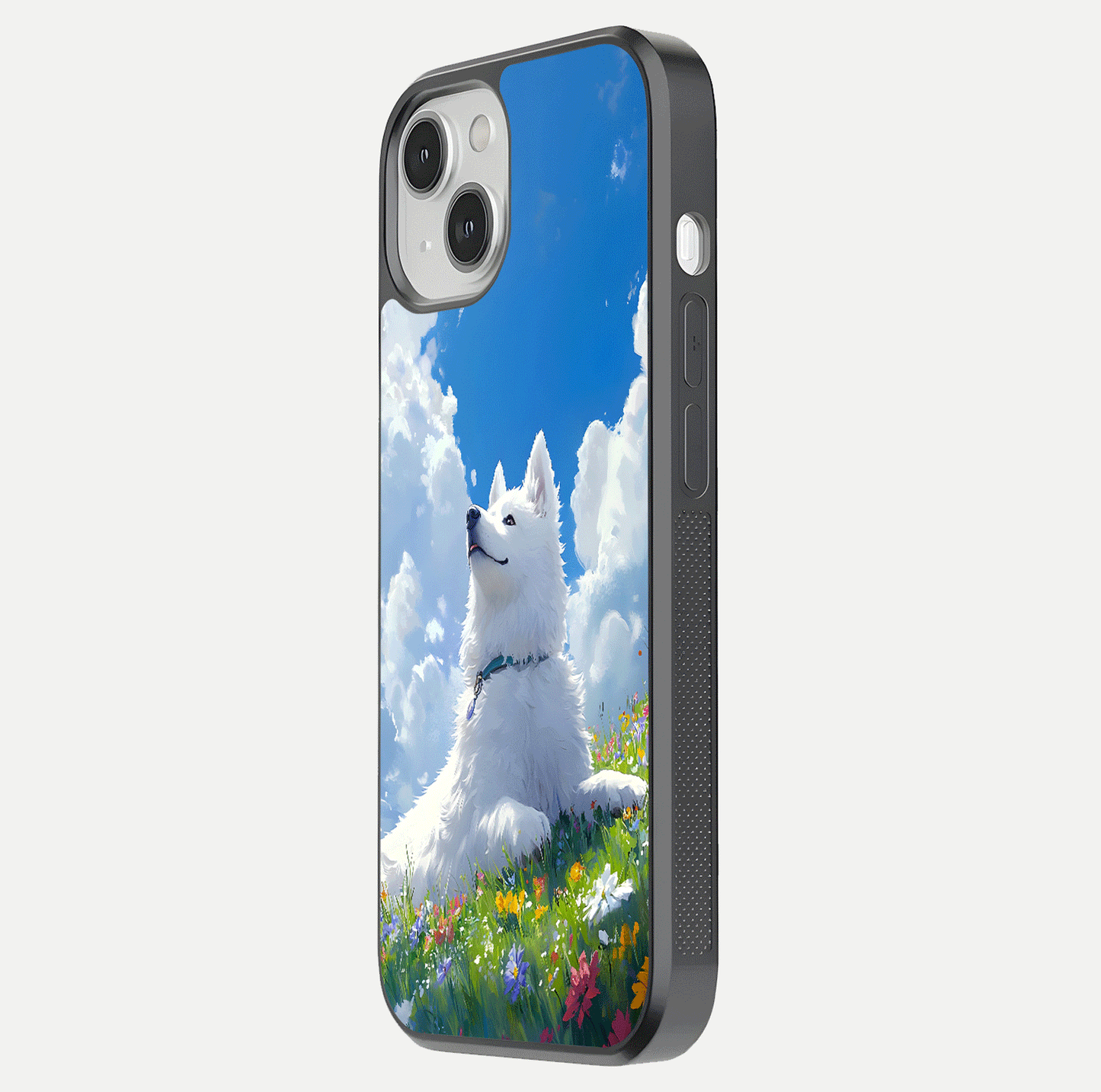 Blissful Cloud Pup Glass Case for iPhone 16 Pro side-angle shot displaying puppy print and glossy texture
