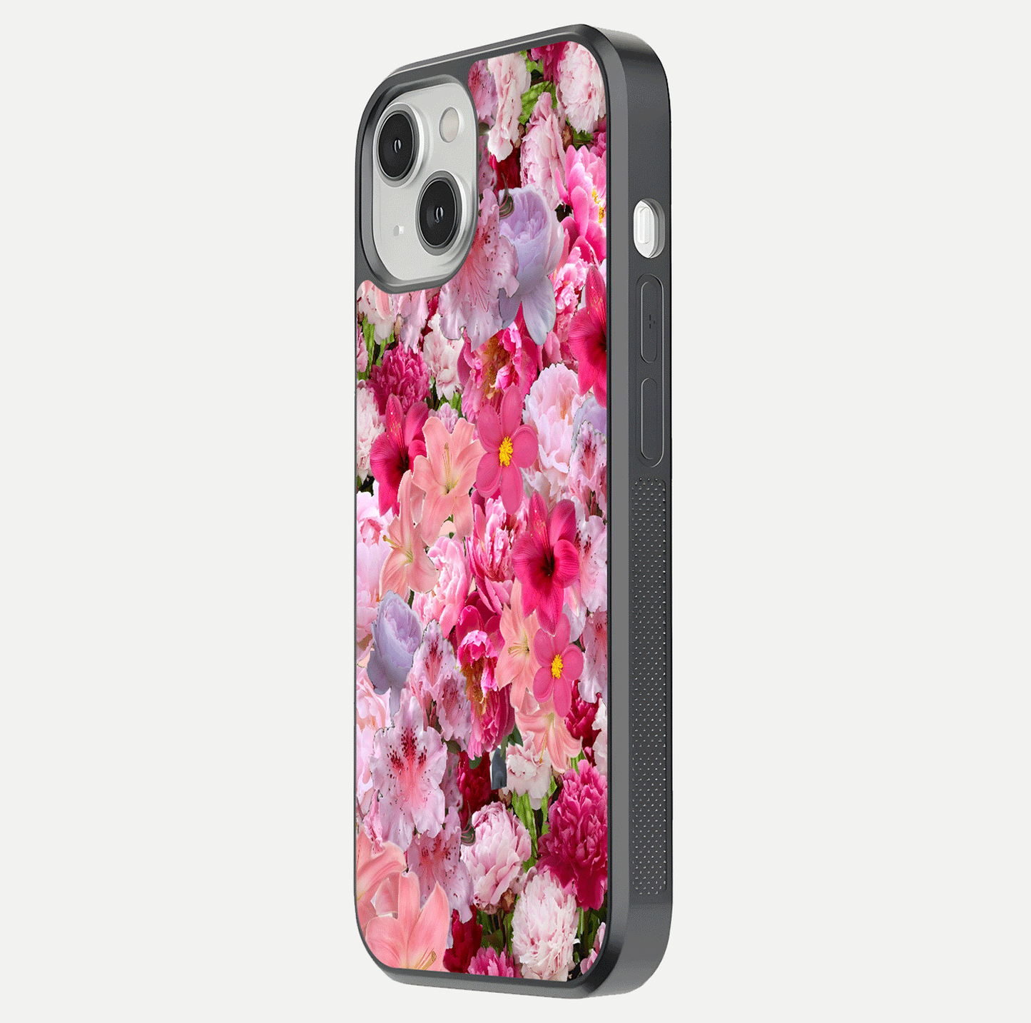 Bloom Crush Fantasy Glass Case for iPhone 13 side-angle shot with fantasy bloom art and gloss surface