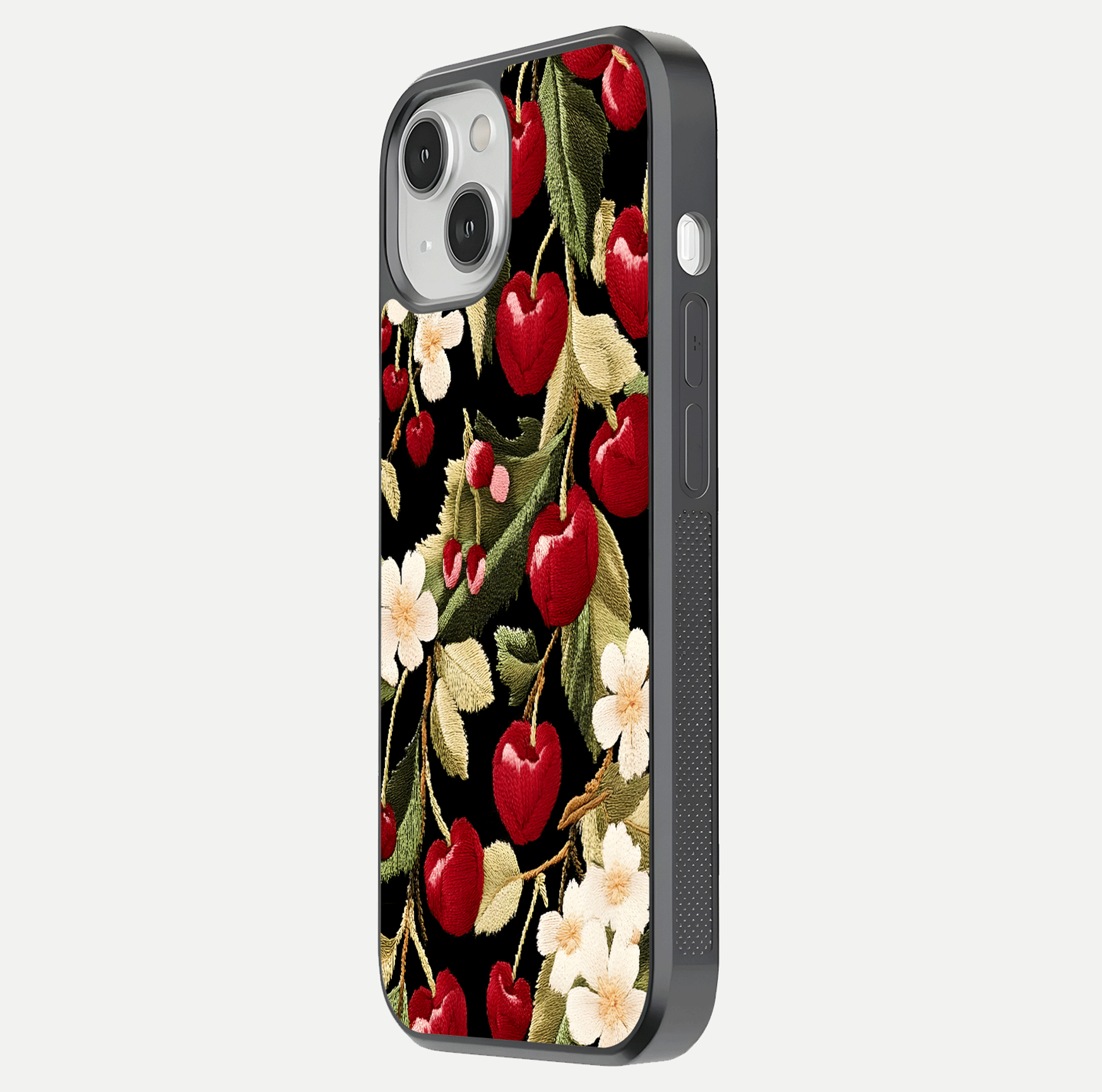 Bloom Thread Art Glass Case for iPhone 13 side-angle image showing texture depth and gloss reflection
