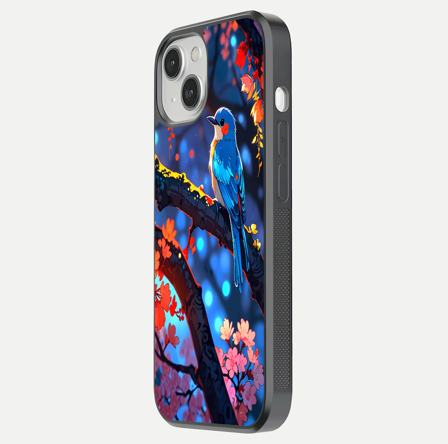 Blooming Spendor Bird Glass Case for iPhone 13 side-angle photo showing floral wings and reflection finish