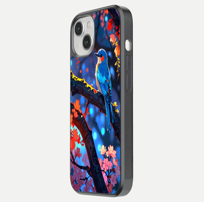 Blooming Spendor Bird Glass Case for iPhone 13 side-angle photo showing floral wings and reflection finish