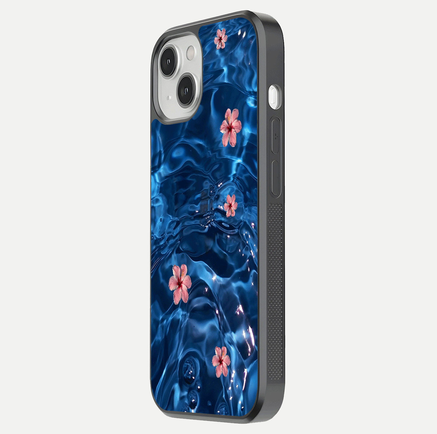 Blooming Water Drift Glass Case for iPhone 13 side-angle image showcasing blossom flow, curved corners, and HD glass gloss