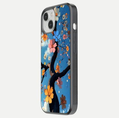 Blossom Dream Sky Glass Case for iPhone 13 side-angle photo showing flower details, edge curve, and reflection shine