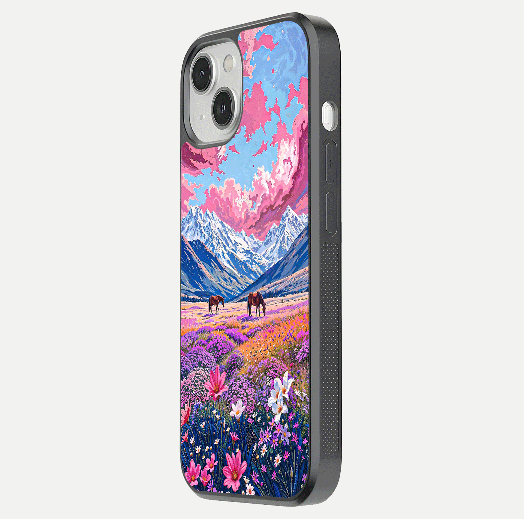 Blossom Valley Dream Glass Case for iPhone 13 side-angle shot showcasing bloom tones and gloss texture