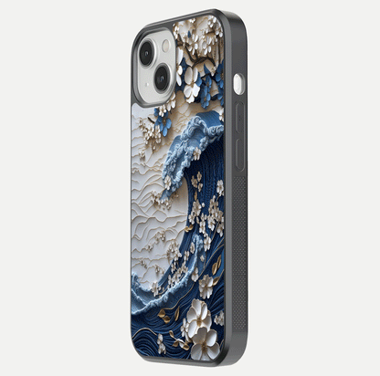 Blossom Wave Art Glass Case for iPhone 13 side-angle view showing wave-flow print and gloss edge finish