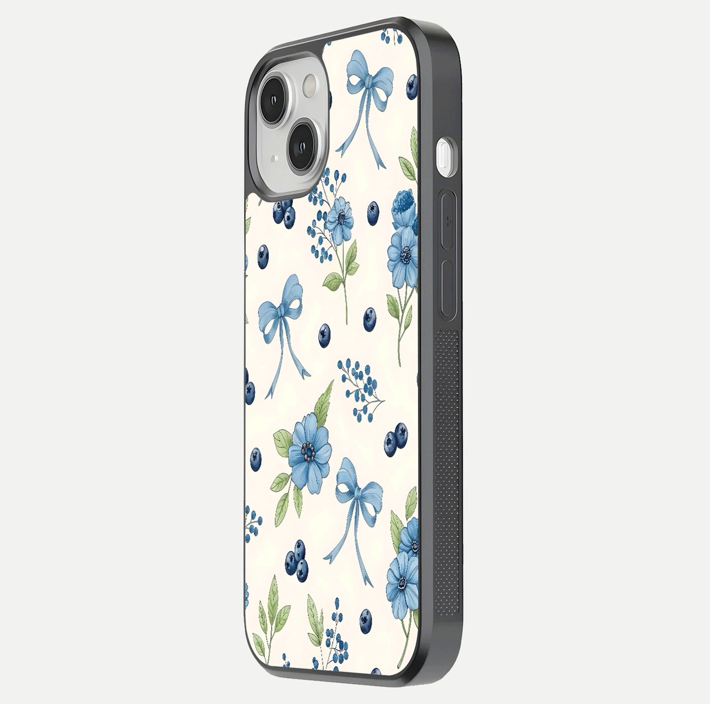 Blue Flower & Bow Glass Case for iPhone 13 side-angle image showing bow-floral mix and HD finish shine