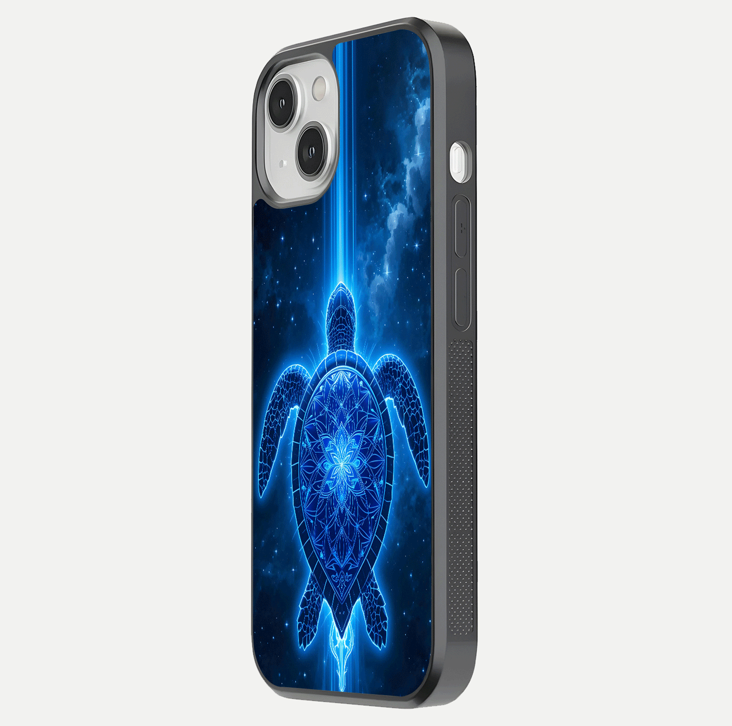 Blue Galaxy Turtle Glass Case for iPhone 13 side-angle photo capturing galaxy shine and smooth edge design