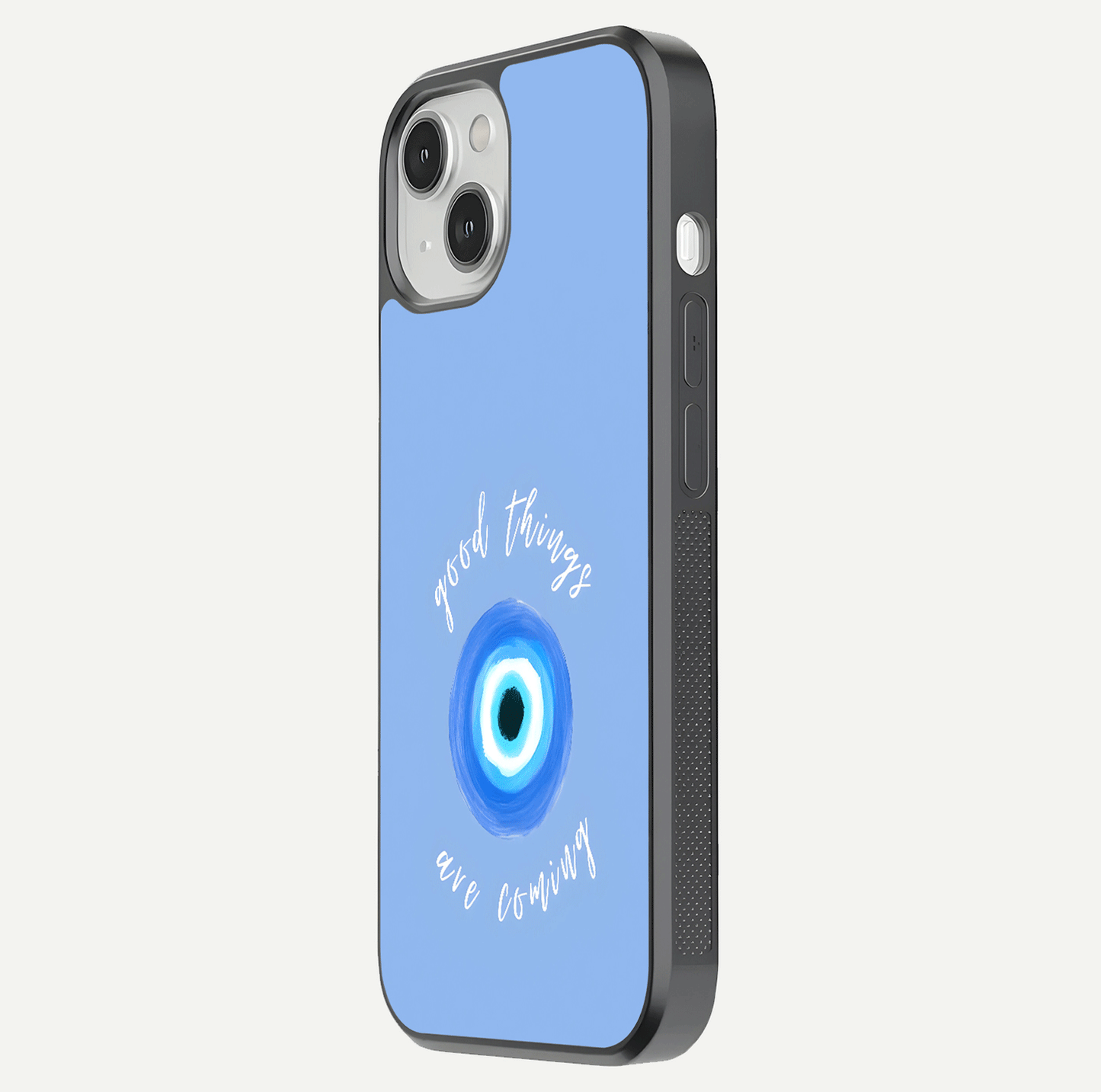 Bright Future Ahead Glass Case for iPhone 13 side-angle image displaying edge smoothness and reflective surface