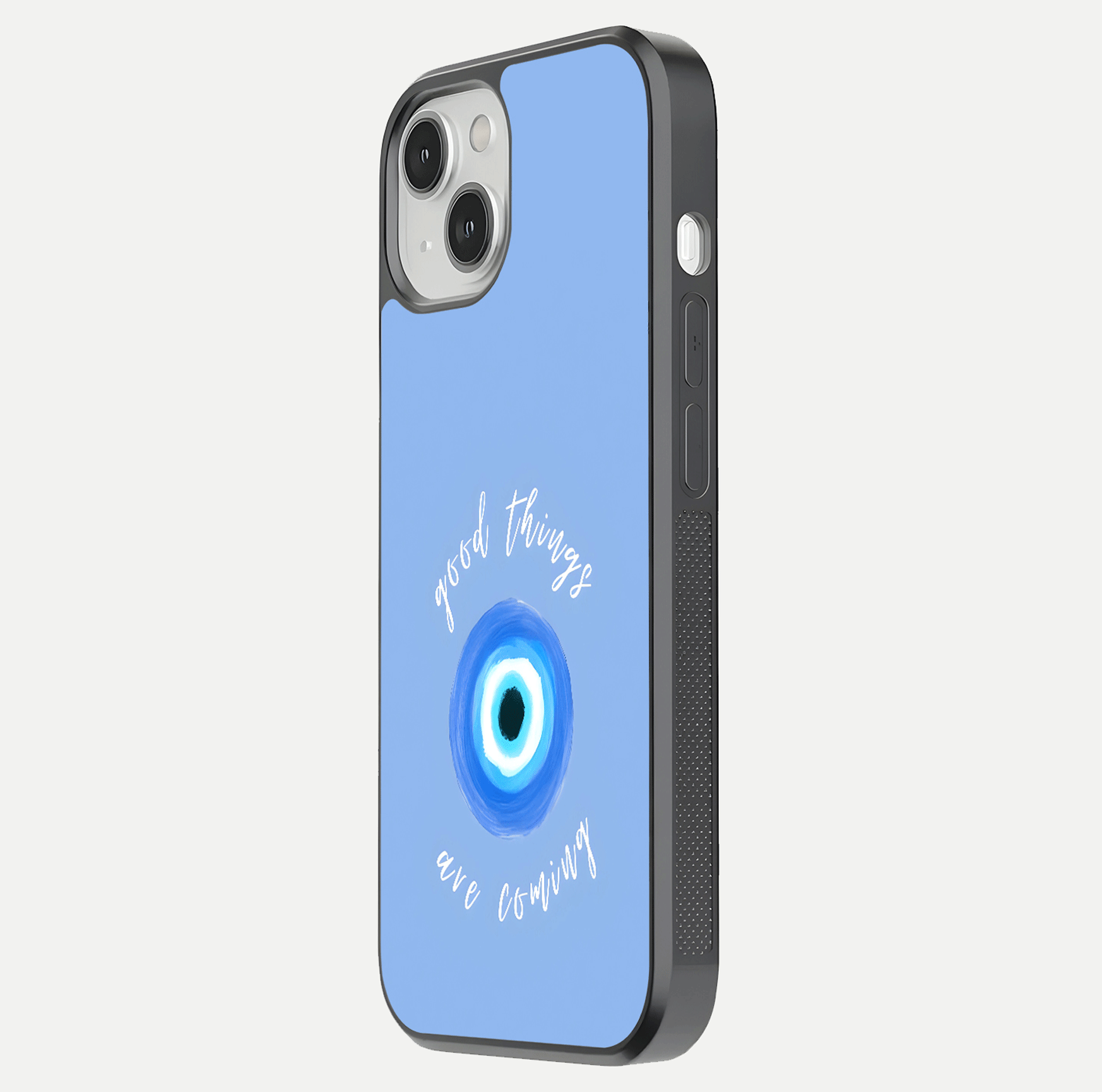 Bright Future Ahead Glass Case for iPhone 13 side-angle image displaying edge smoothness and reflective surface