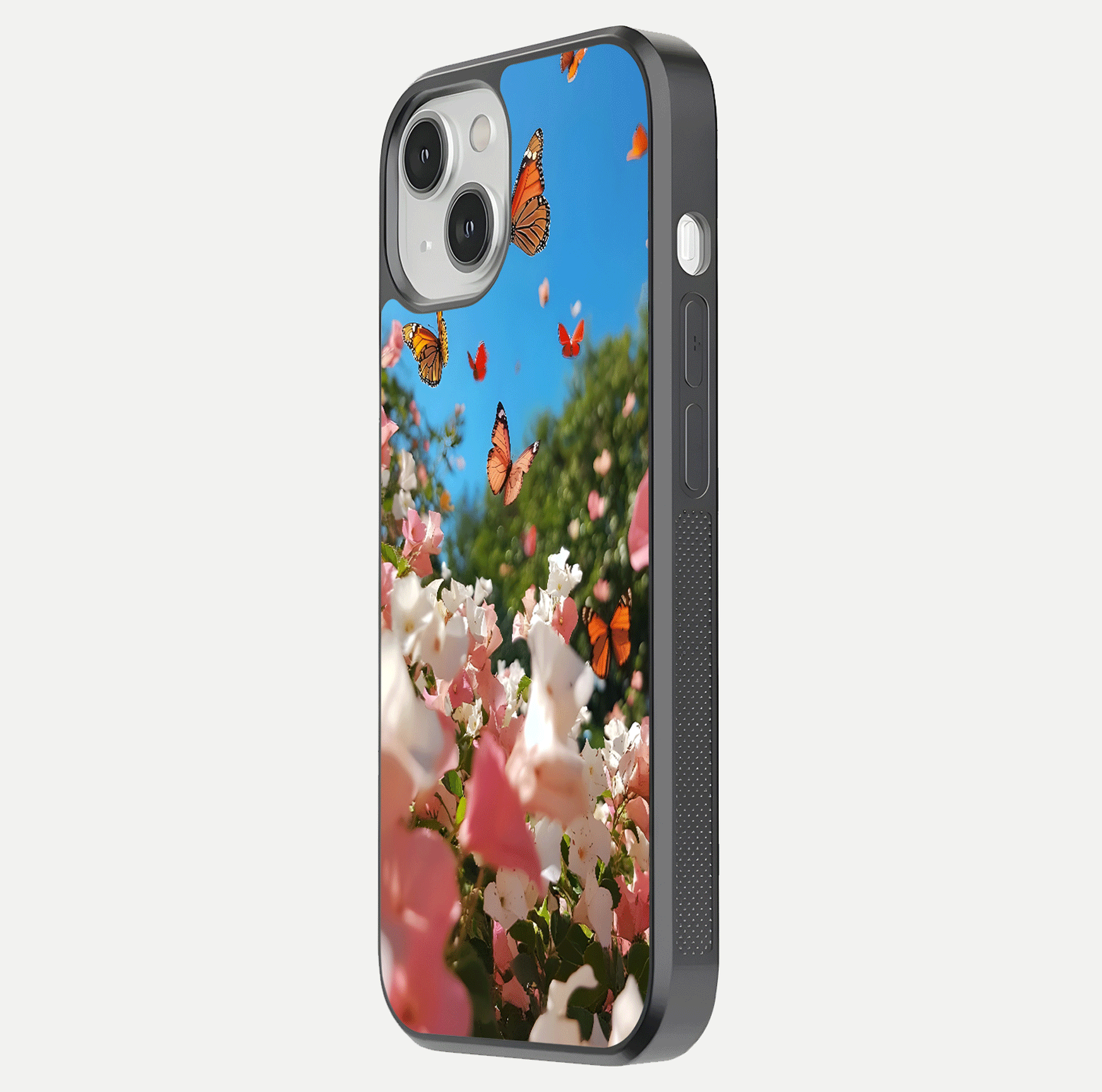 Butterflies in Bloom Sky Glass Case for iPhone 13 side-angle image showing delicate details and gloss polish
