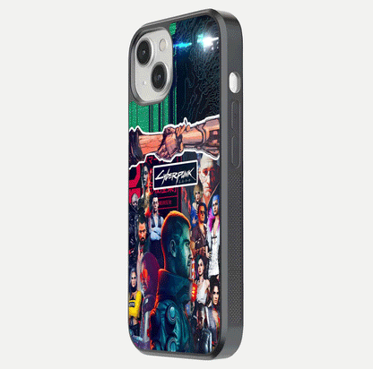 CYBERPUNK Legacy Glass Case for iPhone 13 side-angle photo showing edge glow and reflective surface
