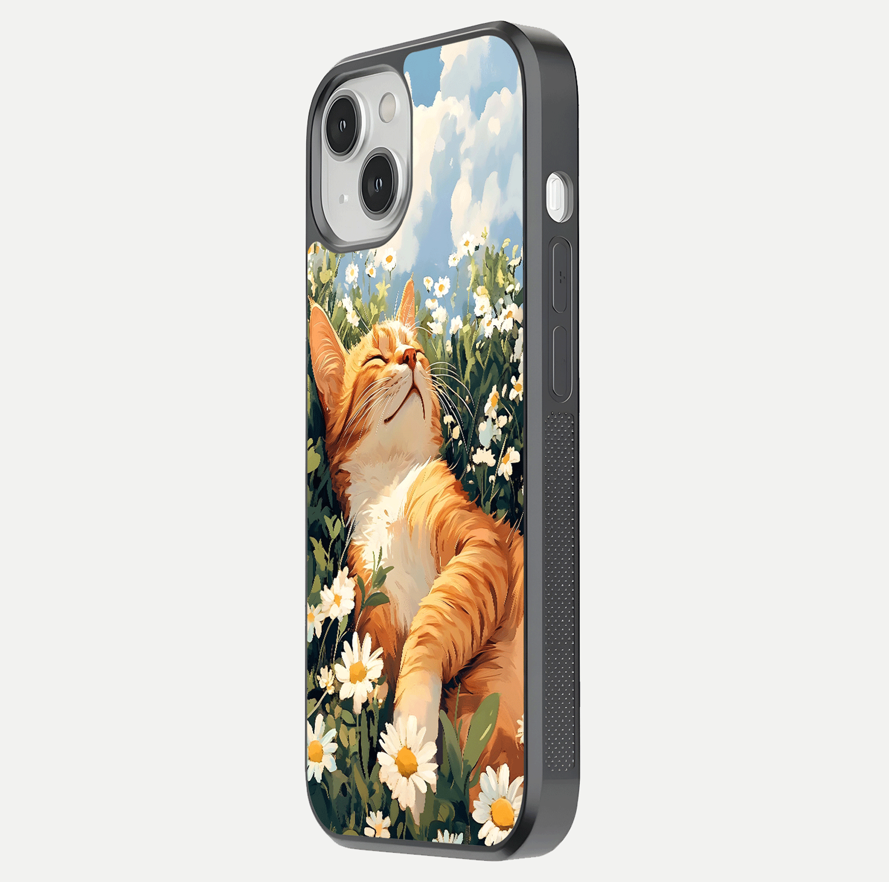 Cat & Flowers View Glass Case for iPhone 13 side-angle image capturing cat print clarity and gloss tone