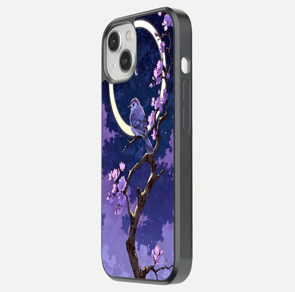 Celestial Bird Blossom Glass Case for iPhone 13 side-angle image showing detailed wings and glossy polish