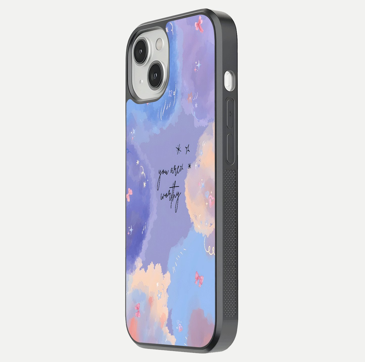 Celestial Cloud Magic Glass Case for iPhone 13 side-angle photo showing edge reflection and dreamy texture