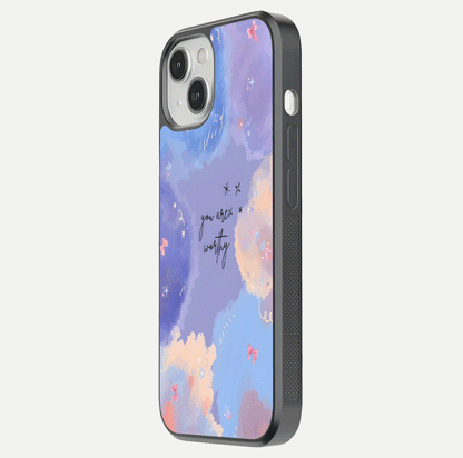 Celestial Cloud Magic Glass Case for iPhone 13 side-angle photo showing edge reflection and dreamy texture