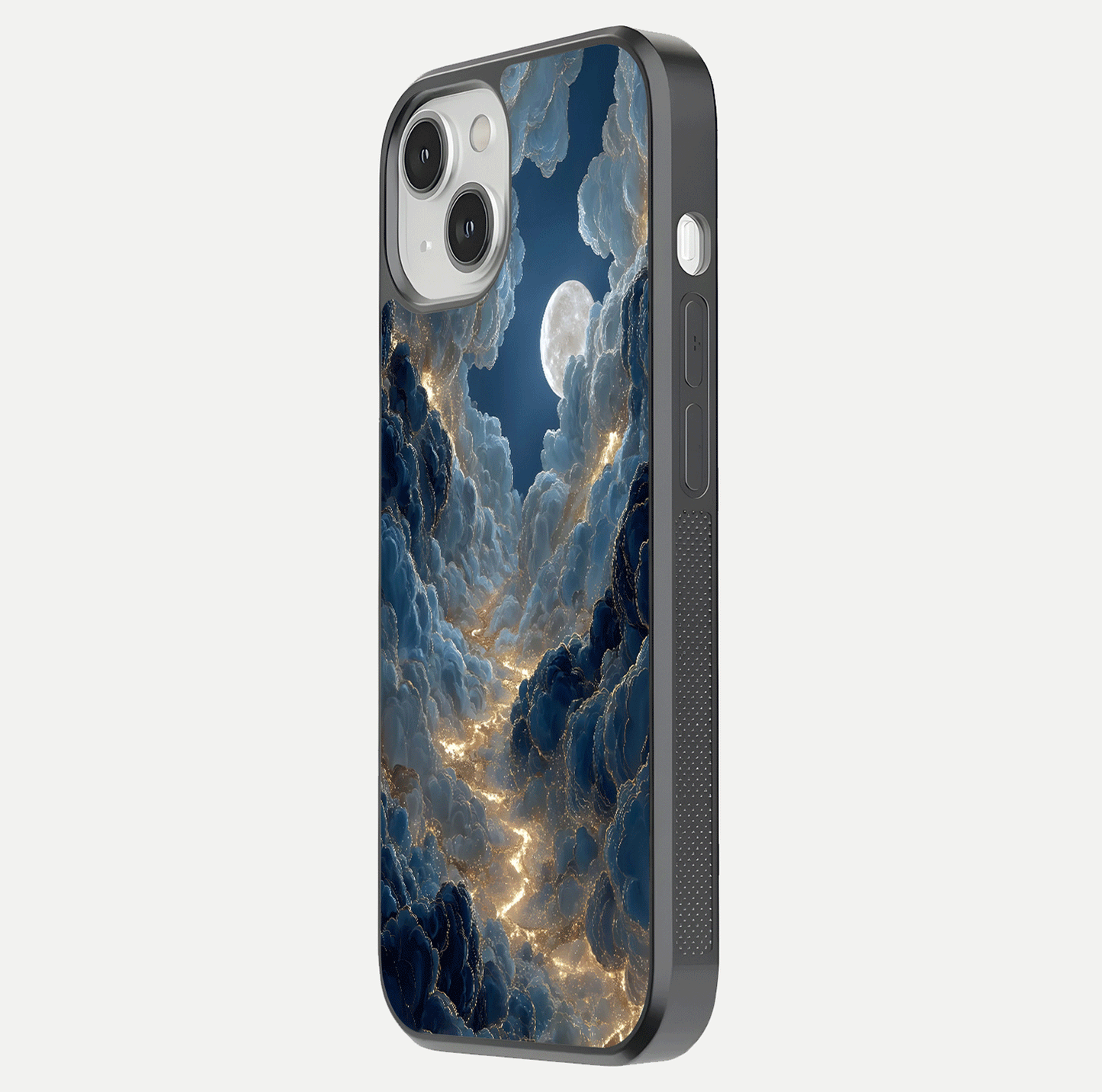 Celestial Cloud Road Glass Case for iPhone 13 side-angle image showing soft pastel tones and edge clarity
