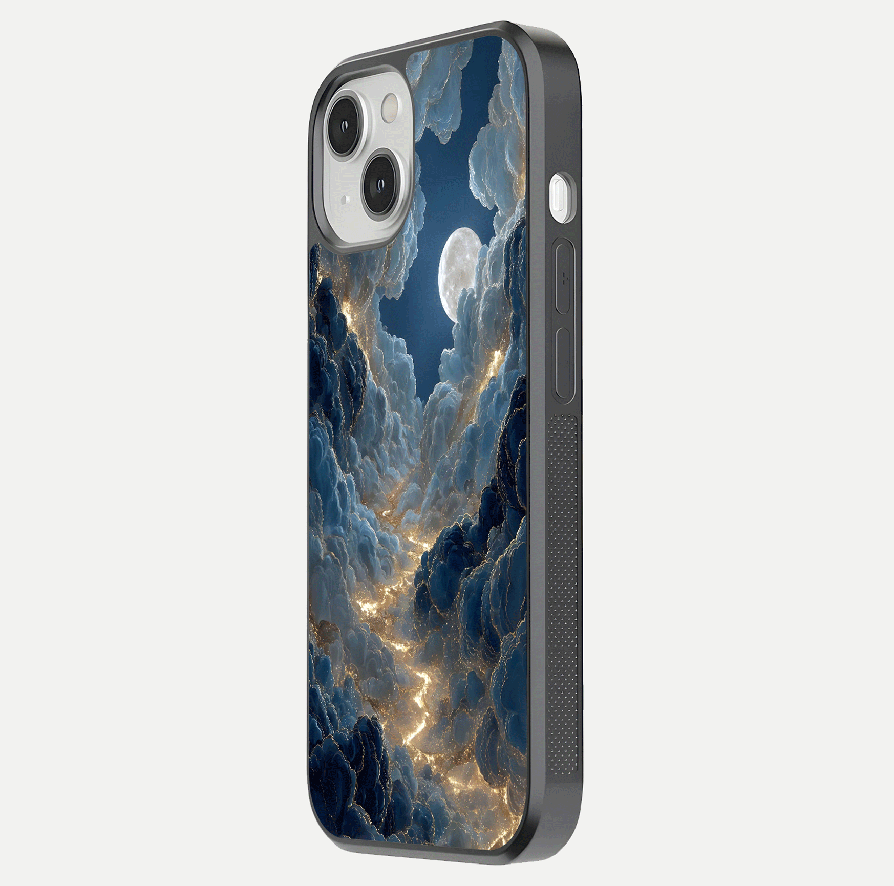 Celestial Cloud Road Glass Case for iPhone 13 side-angle image showing soft pastel tones and edge clarity