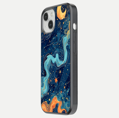 Celestial Dream Flow Glass Case for iPhone 13 side-angle image capturing color swirl and glass reflection