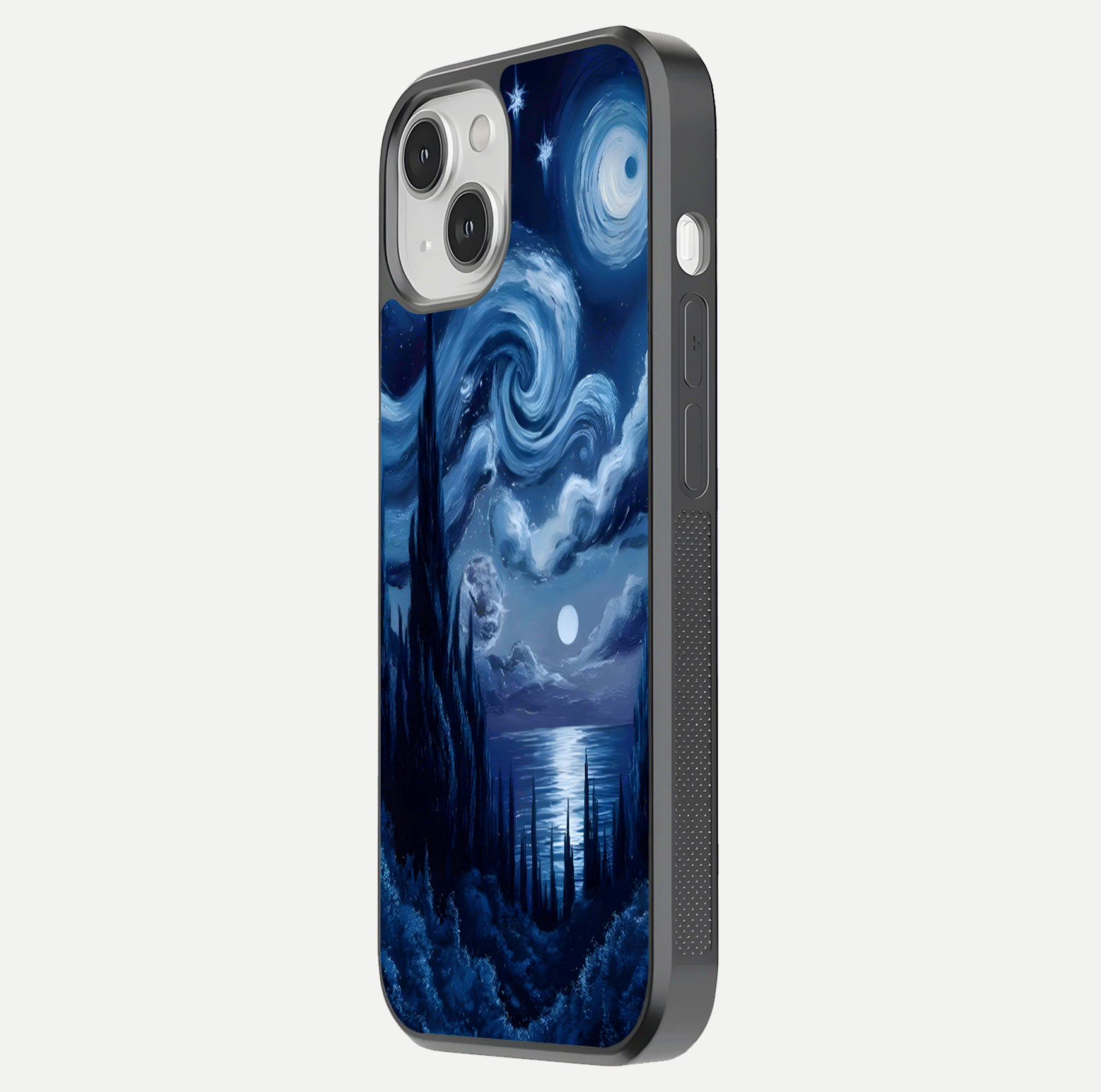 Celestial Dream Van Gogh Glass Case for iPhone 13 side-angle photo showing depth swirl design and curved reflection